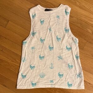 Sleeveless White Tank with Blue Skull Print